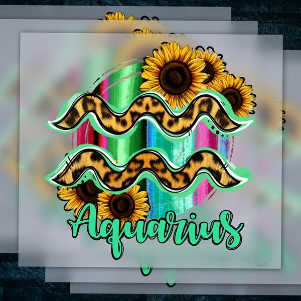 Aquarius Zodiac DTF Print, Ready-to-Press, Heat Transfer Artwork, Leopard and Sunflower Designs, Western and Serape Styles.