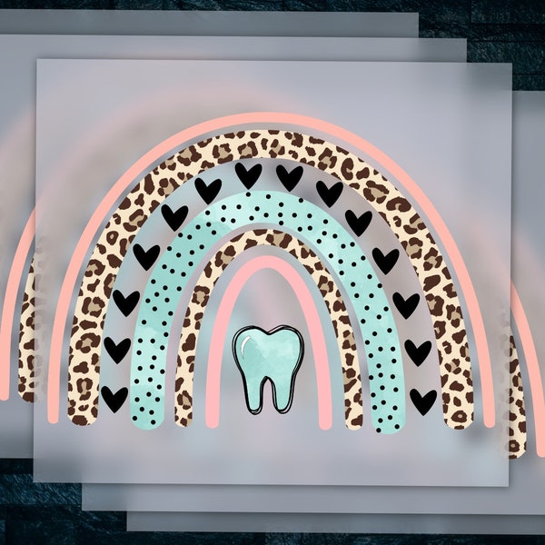 Hand-Drawn Tooth Design with Rainbow Hearts in Blush and Teal - Heat Transfer, DTF, Ready-to-Press Waterslide Sticker for Dentists