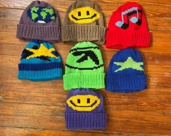 Custom Made to Order Knit Beanie (Smiley, Butterfly, Aphex Twin, Star)