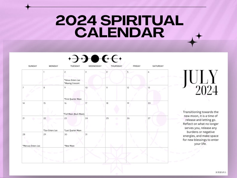 2024 Printable and Digital Spiritual Calendar, Moon Phases and