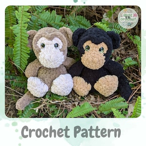 May include: Two crochet monkey plush toys, one brown and one black, with tan faces and hands, and large, glittery eyes. The monkeys are sitting among green ferns. The text "Crochet Pattern" is at the bottom of the image.