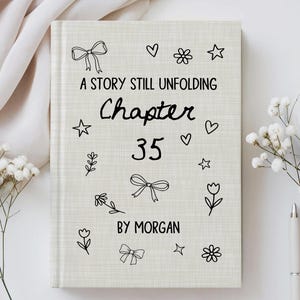 May include: A book cover with the text "A Story Still Unfolding Chapter 35 By Morgan". The cover is beige with black line drawings of bows, hearts, stars, and flowers.