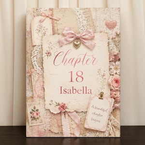 Pode incluir: Impressão decorativa em tela com estética vintage. A obra apresenta um papel central em estilo pergaminho com as palavras "Chapter 18 Isabella" em escrita rosa. Os enfeites incluem laços rosa, flores e renda, com o texto "A beautiful chapter begins".