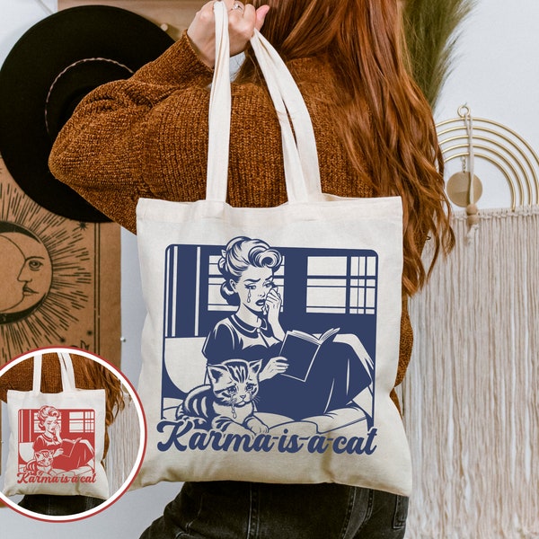 Karma Is A Cat Tote Bag, Gift For Cat Lover, Funny Cat Bag, Cat Mama Tote, Retro Cat Tote, Cat Lover Bag, Retro 1950s Cat Tote, Bookish Bag