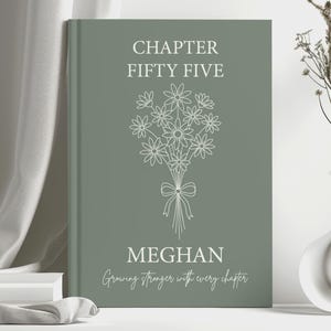 May include: A sage green book cover with the text "CHAPTER FIFTY FIVE" and "MEGHAN" in white. A white floral bouquet illustration is centered. The text "Growing stronger with every chapter" is below "MEGHAN".