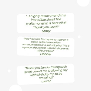 three text boxes with positive feedback about a shop, specifically The Craftsmanship is beautiful! Thank you Jan!!! Stacey!
