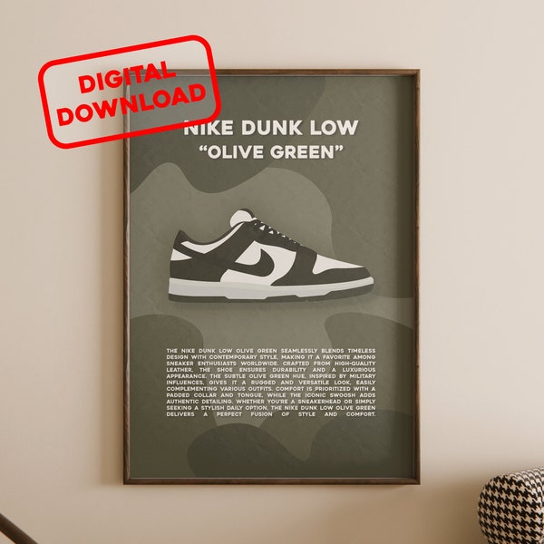 Nike Dunk Low Olive Green Sneaker Poster, Street Style Wall Art, Perfect for Sneakerheads, Printable Art, Instant Download