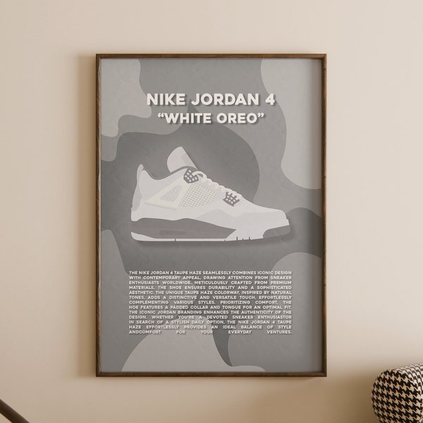 Nike Jordan 4 White Oreo Sneaker Poster, Street Style Wall Art, parfait pour les sneakerheads