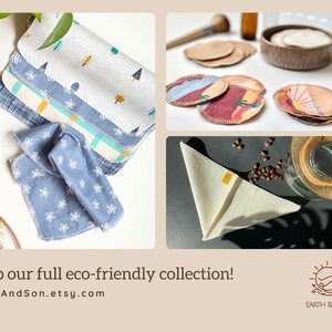 May include: A collection of reusable fabric items including patterned cloths with tree and floral prints, circular facial rounds with desert and sunset graphics, and a triangular coffee filter, featuring the text Shop our full eco-friendly collection!