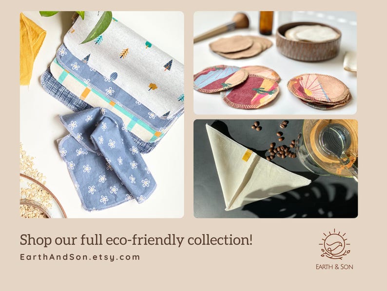 May include: A collection of reusable fabric items including patterned cloths with tree and floral prints, circular facial rounds with desert and sunset graphics, and a triangular coffee filter, featuring the text Shop our full eco-friendly collection!