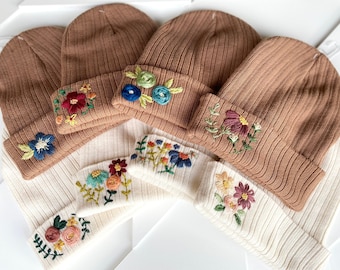 Hand Embroidered Floral Beanies | Floral Knit Beanies | Embroidered Hats | Floral Women's Knit Cap | Beanie with Embroidered Flowers