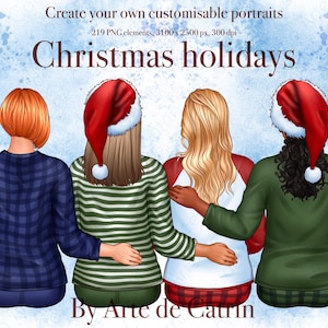 Kerstvakantie clipart, beste vrienden clipart, kerst besties, kerstcadeaus DIY, vrouw clipart, aanpasbare PNG, cadeau voor zusters