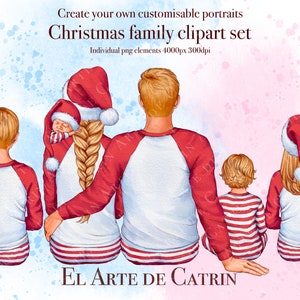 Clipart familiar de acuarela navideña (con un recién nacido), creador de retratos familiares de bricolaje, familia sentada, tarjeta de Navidad de bricolaje, feliz Navidad