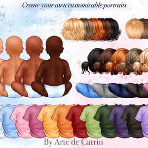 K&ouml;nnte beinhalten: Digitaler Clipart-Satz mit Illustrationen von Babys mit verschiedenen Hautt&ouml;nen, Haarfarben und Kleidungsoptionen. Das Set enth&auml;lt verschiedene Frisuren, T-Shirts in verschiedenen Farben und eine Auswahl an Hosen und Shorts. Der Text "Erstelle deine eigenen anpassbaren Portr&auml;ts" ist im Bild enthalten.