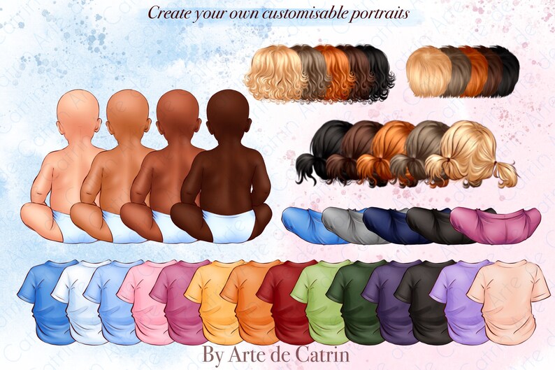 K&ouml;nnte beinhalten: Digitaler Clipart-Satz mit Illustrationen von Babys mit verschiedenen Hautt&ouml;nen, Haarfarben und Kleidungsoptionen. Das Set enth&auml;lt verschiedene Frisuren, T-Shirts in verschiedenen Farben und eine Auswahl an Hosen und Shorts. Der Text "Erstelle deine eigenen anpassbaren Portr&auml;ts" ist im Bild enthalten.