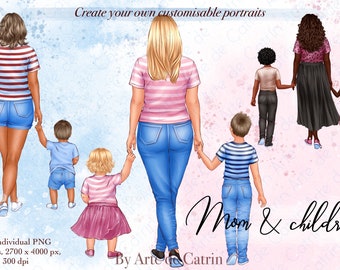 Mom and Children Clipart, Mothers Day Clipart, Mother And Daughter, Mother And Son, Family Look Creator, Customizable, PNG, Gift Ideas, DIY