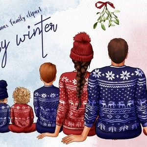 Clipart per la famiglia di Natale, Famiglia seduta, Clipart invernale accogliente, Clipart per famiglie numerose, Clipart per bambini, Personalizzabile, Capodanno, Buon Natale