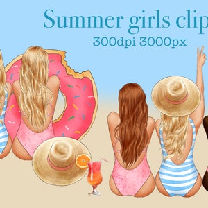 ビーチにいる女の子のクリップアート、親友のクリップアート、親友のクリップアート、夏のクリップアート、旅行のクリップアート、プールパーティーのクリップアート、PNG、海、パーティー