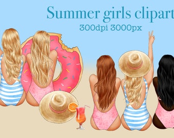 Girls On The Beach Clipart, Best Friends Clipart, Besties Clipart, Summer Clipart, Travel Clipart, Pool Party Clipart, PNG, Sea, Party