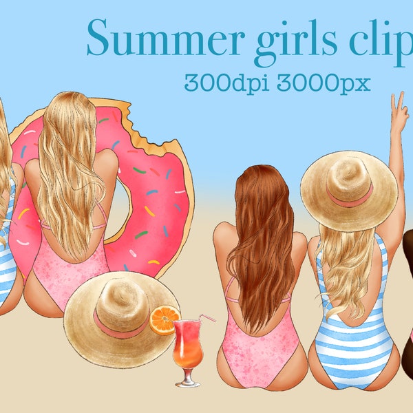 Girls On The Beach Clipart, Best Friends Clipart, Besties Clipart, Summer Clipart, Travel Clipart, Pool Party Clipart, PNG, Sea, Party