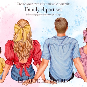Clipart per la famiglia seduta in acquerello estivo, ritratto di famiglia personalizzato fai da te, creatore di clipart per famiglie, idee regalo, personalizzabile, PNG a sublimazione
