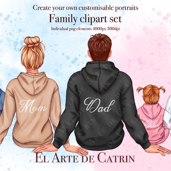 Family Look Clipart, Family in Hoodies, Father's Day, Mother's Day Clipart, Children Clipart, Three Children and Parents Art, Dad & Baby