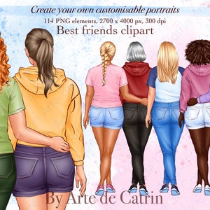Clipart de melhores amigas, amizade feminina, clipart de irmãs de alma, clipart de besties, PNG, clipart de moda menina, clipart de verão, presente amigo diy