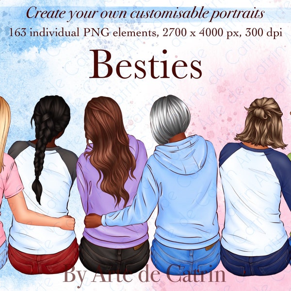 Best Friends Clipart, Besties Clipart, Female Clipart, Woman Clipart, Fashion Girls, Customizable PNG, Gift For Sisters, Soul Sisters
