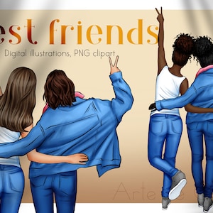 Best Friends Clipart, Besties, Girls Art, Denim Girl Clipart, Female Clipart, Woman, Fashion Clipart, Personalizableable Clipart, Denim Style