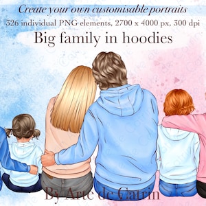 Clipart Famiglia in felpe con cappuccio, Creatore di famiglia seduta, Personalizzabile, Clipart genitori e figli, Clipart Migliori amici, Ritratto di persone