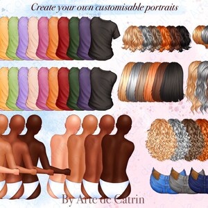 K&ouml;nnte beinhalten: Erstelle deine eigenen anpassbaren Portr&auml;ts. Eine digitale Illustration von f&uuml;nf verschiedenen Hautt&ouml;nen, mit verschiedenen Frisuren, Kleidung und Jeans. Die Illustration enth&auml;lt den Text "Create your own customizable portraits" und "By Arte de Catrin".