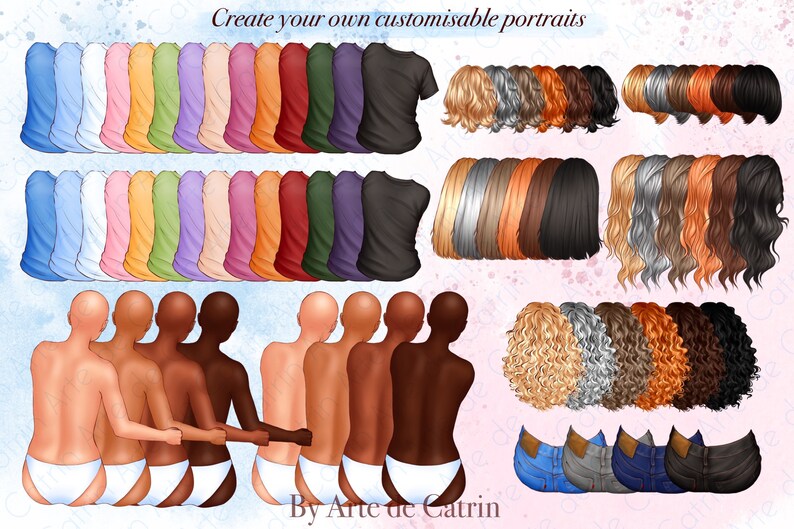 K&ouml;nnte beinhalten: Erstelle deine eigenen anpassbaren Portr&auml;ts. Eine digitale Illustration von f&uuml;nf verschiedenen Hautt&ouml;nen, mit verschiedenen Frisuren, Kleidung und Jeans. Die Illustration enth&auml;lt den Text "Create your own customizable portraits" und "By Arte de Catrin".