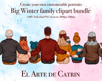 Große Winter-Familien-Bundle, sitzende Familie, Winter Clipart, frohe Weihnachten, gemütliche Feiertage, anpassbare PNG, Familien Clipart, Beziehung