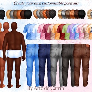 Puede incluir: Crea tus propios retratos personalizables. Una ilustraci&oacute;n digital de un hombre con diferentes tonos de piel, peinados, camisas y pantalones vaqueros. La imagen incluye una variedad de opciones para personalizar la apariencia del hombre.