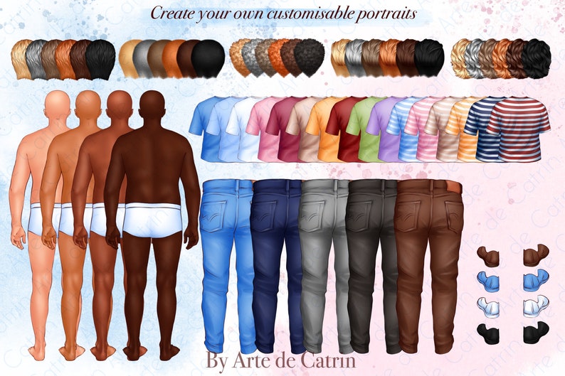 Puede incluir: Crea tus propios retratos personalizables. Una ilustraci&oacute;n digital de un hombre con diferentes tonos de piel, peinados, camisas y pantalones vaqueros. La imagen incluye una variedad de opciones para personalizar la apariencia del hombre.