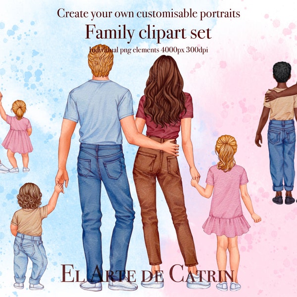 Clipart aquarelle famille debout dans des t-shirts, créateur de portrait de famille bricolage, fête des pères, fête des mères, cadeau personnalisé, personnes vue de dos