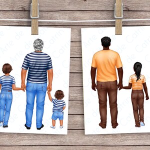 Puede incluir: Dos ilustraciones de padres y sus hijos caminando de la mano. El padre de la izquierda lleva una camisa a rayas azules y blancas, pantalones vaqueros azules y zapatos marrones. Su hijo lleva una camisa azul, pantalones vaqueros azules y zapatos azules. El padre de la derecha lleva una camisa naranja, pantalones marrones y zapatos marrones. Su hija lleva una camisa a rayas amarillas y blancas, pantalones vaqueros azules y zapatos blancos.