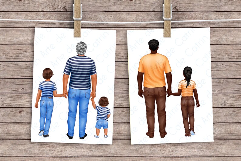 Puede incluir: Dos ilustraciones de padres y sus hijos caminando de la mano. El padre de la izquierda lleva una camisa a rayas azules y blancas, pantalones vaqueros azules y zapatos marrones. Su hijo lleva una camisa azul, pantalones vaqueros azules y zapatos azules. El padre de la derecha lleva una camisa naranja, pantalones marrones y zapatos marrones. Su hija lleva una camisa a rayas amarillas y blancas, pantalones vaqueros azules y zapatos blancos.