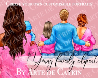 Young Family Clipart, Family Creator, Big Sitting Family, Customizable, PNG, Mother And Father Clipart, Relationship, Gift Ideas, DIY