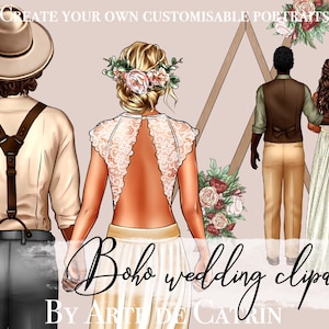 Imágenes prediseñadas de boda boho, imágenes prediseñadas de novio y novia, retratos personalizables, vestido de novia, imágenes prediseñadas de moda, imágenes prediseñadas boho, imágenes prediseñadas digitales vintage