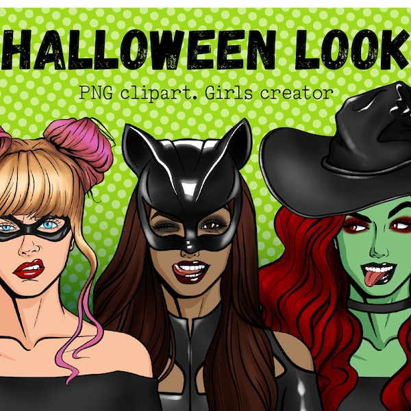 Halloween Look Clipart, Girls Creator, Comic Pop-Art, Comic Style, Beauty Girls,  Fashion Women Set, Customizable, PNG, Sublimation