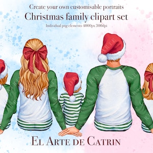 Clipart de família em aquarela de Natal, retrato de família DIY, família sentada, clipart personalizável, crianças e pais, clipart infantil, ano novo