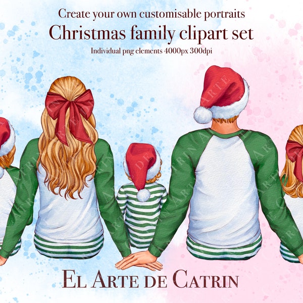 Christmas Watercolor Family Clipart, DIY Family Portrait, Sitting Family, Customizable Clipart, Kids & Parents, Children Clipart, New Year