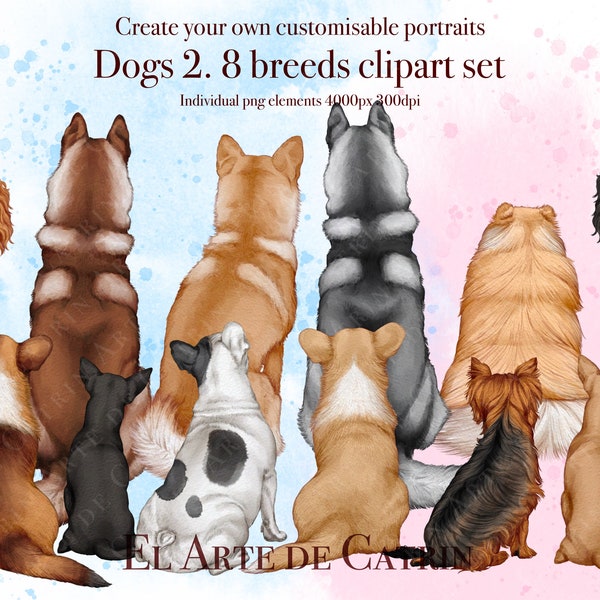 lipart (partie 2), chiens et races, vue arrière, chien personnalisable, akita, chihuahua, corgi, husky, bouledogue français, épagneul, spitz, yorkshire