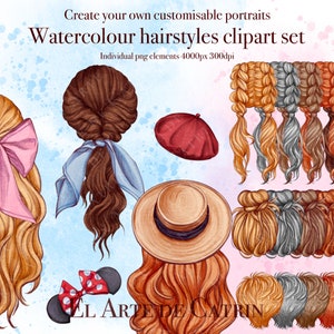 Clipart di acconciature da donna ad acquerello (con accessori), capelli per ragazze per clipart, pacchetto di capelli naturali, acconciature alla moda personalizzate, capelli ricci