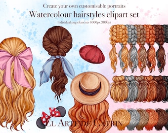 Watercolour Womens Hairstyles Clipart (With Accessories), Girls Hair For Clipart, Natural Hair Pack, Custom Fashion Hairstyles, Curly Hair