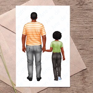 Puede incluir: Una ilustraci&oacute;n digital de un padre y un hijo caminando de la mano. El padre lleva una camisa a rayas naranja y blanca, pantalones vaqueros grises y zapatos negros. El hijo lleva una camisa verde, pantalones vaqueros negros y zapatillas azules. Ambos tienen piel oscura y cabello negro.