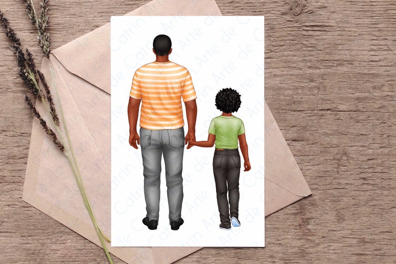Puede incluir: Una ilustraci&oacute;n digital de un padre y un hijo caminando de la mano. El padre lleva una camisa a rayas naranja y blanca, pantalones vaqueros grises y zapatos negros. El hijo lleva una camisa verde, pantalones vaqueros negros y zapatillas azules. Ambos tienen piel oscura y cabello negro.