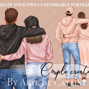 Creador de pareja, Clipart del día de San Valentín, Pareja con capucha, Personalizable, Retrato de pareja, Familia, Ilustración personalizada, Clipart de chica afro