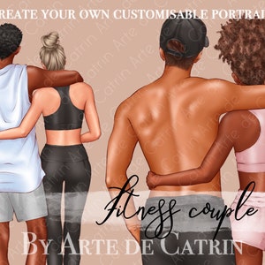 Fitness Couple Creator, Valentijnsdag Clipart, Sport paar, Yoga, Aanpasbaar, Paar Portret, Gepersonaliseerde illustratie, Afro Meisje